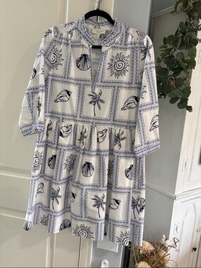 Navy & White Printed Midi Dress